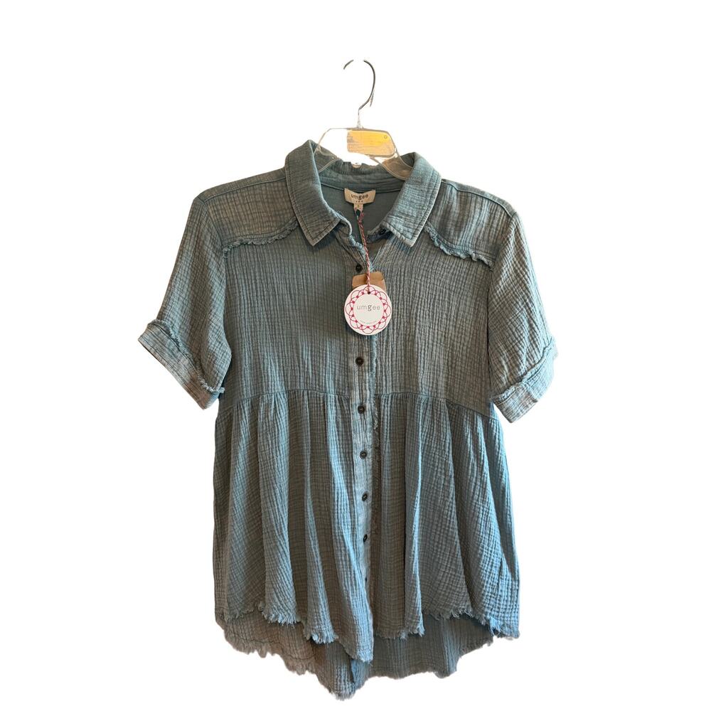 Umgee Gauze Babydoll Top NWT Women’s Small Blue Button Front Boho Blouse